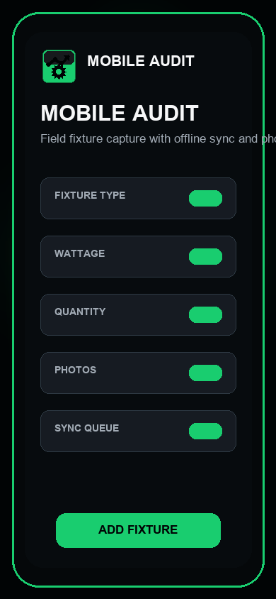 LumenAudit Pro mobile audit screen showing field fixture capture.